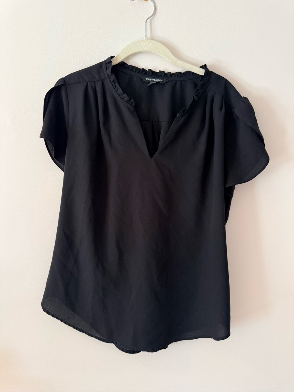 Hawthorne Black Ruffle-Trim Split Neck Blouse